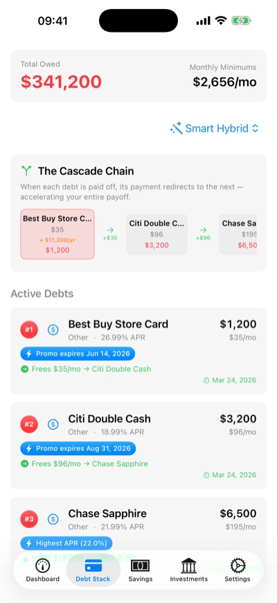 Cascade debt stack view on iPhone